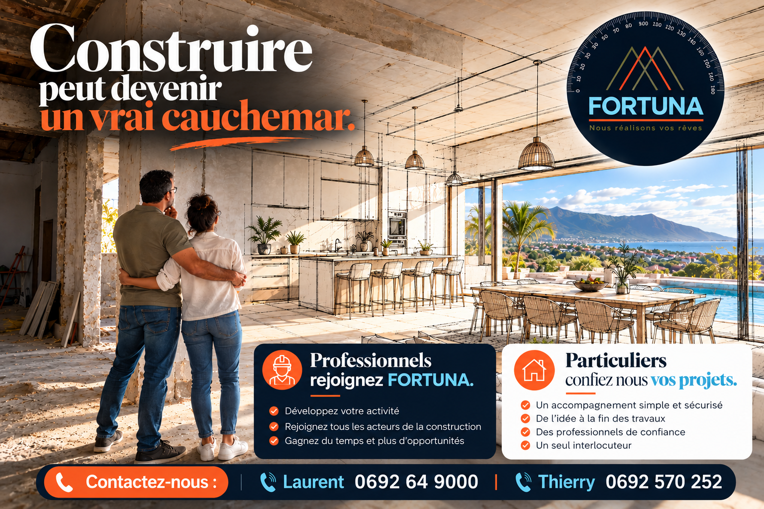Construire peut devenir un vrai cauchemar. Professionnels, rejoignez FORTUNA pour développer votre activité. Particuliers, confiez-nous vos projets : accompagnement simple et sécurisé, de l’idée à la fin des travaux, professionnels de confiance et interlocuteur unique. Contacts : Laurent au 0692 64 9000 et Thierry au 0692 570 252.